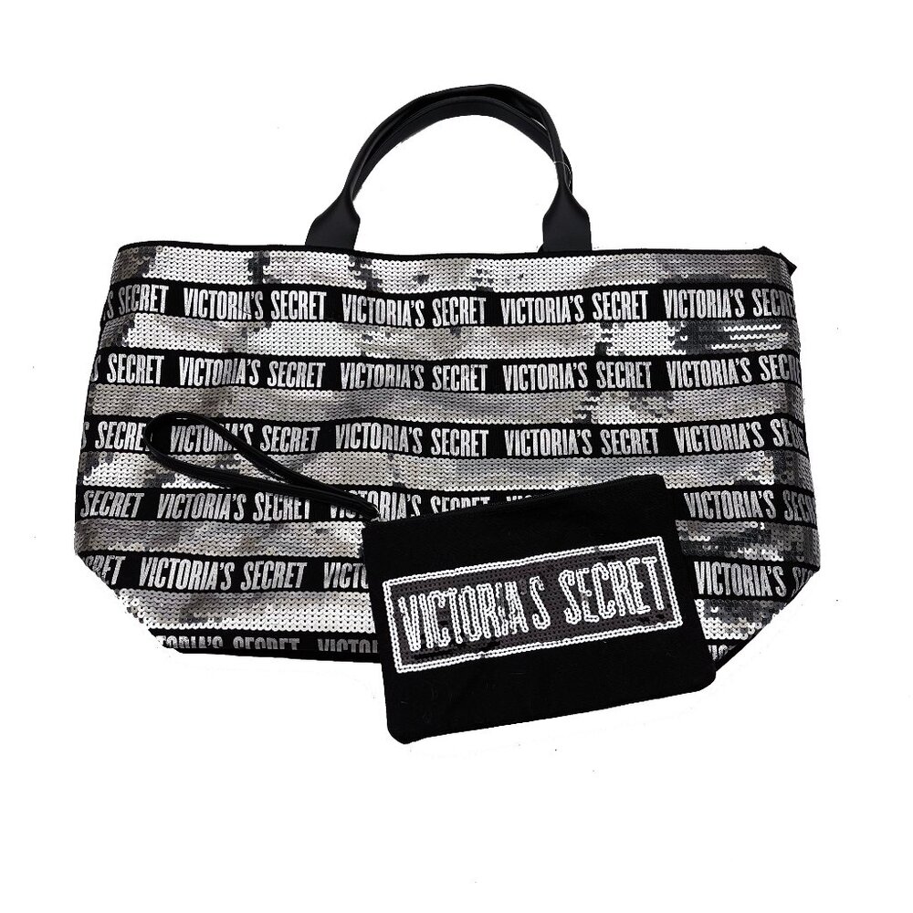 Victoria’s Secret Sequin Bling Tote Bag Weekender Black Silver + wristlet